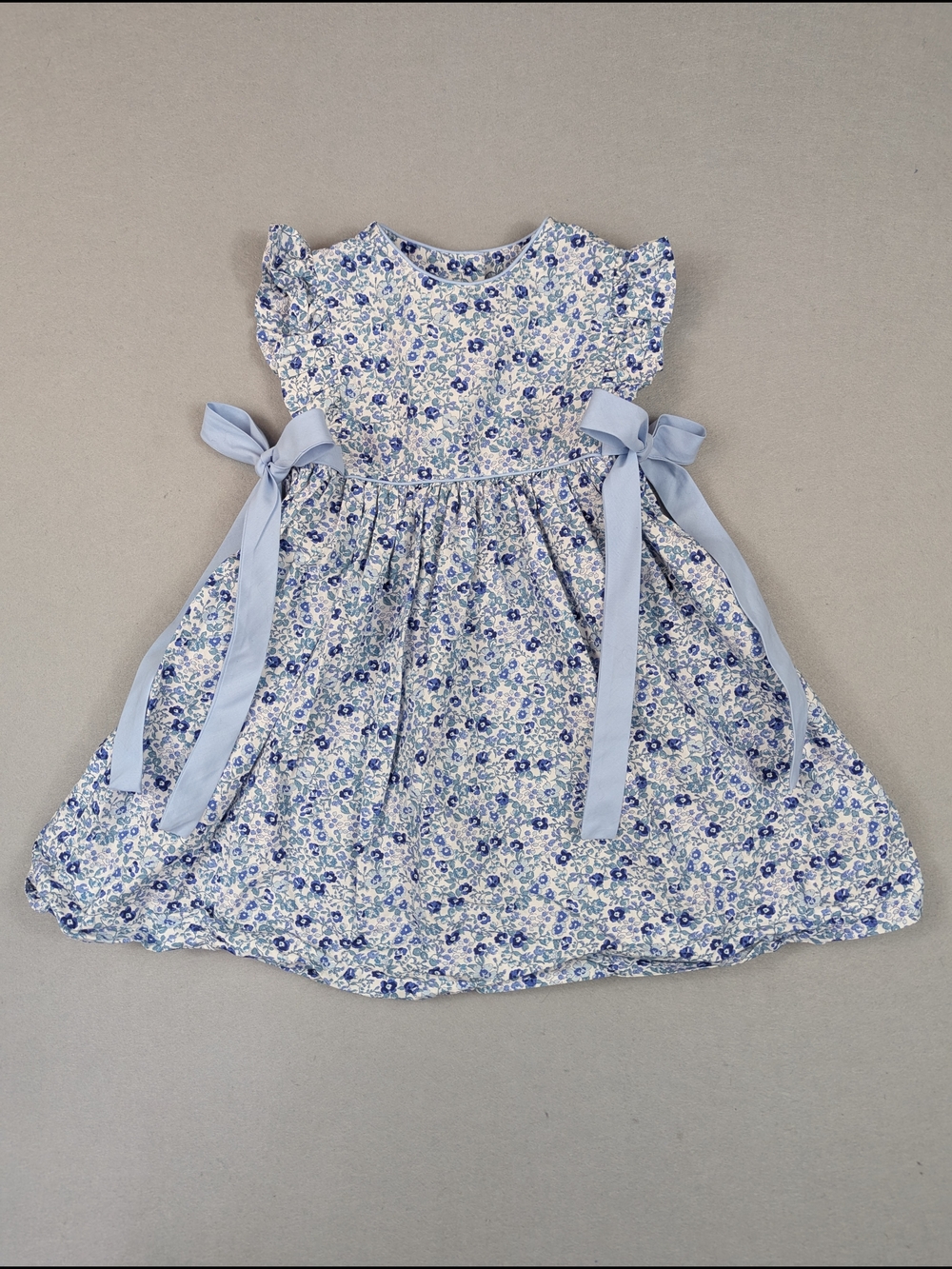Petit Bébé Blue Floral Fit & Flare Bows Dress 100% Cotton Girls Size 3 Easter